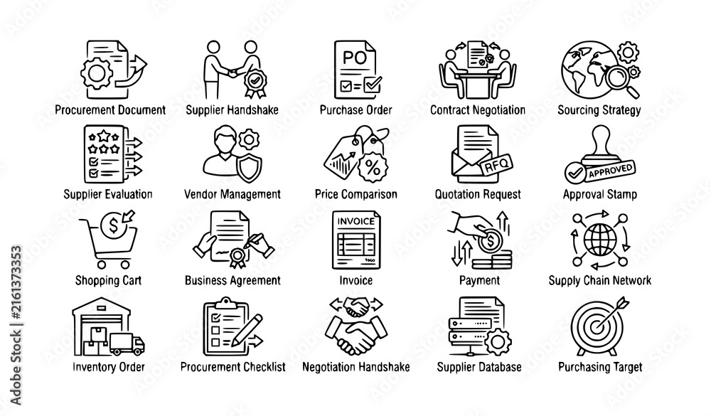 Fototapeta premium Procurement editable line icon set featuring strategic sourcing B2B purchasing supplier management contracts negotiation and supply chain symbols