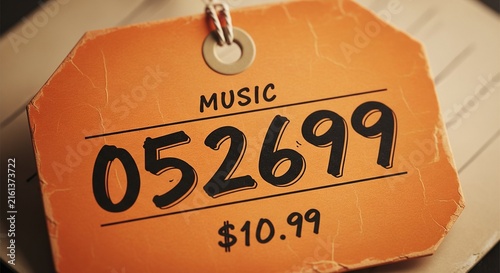 Orange paper music store price tag with black printed numbers and dollar sign isolated on a soft textured background
