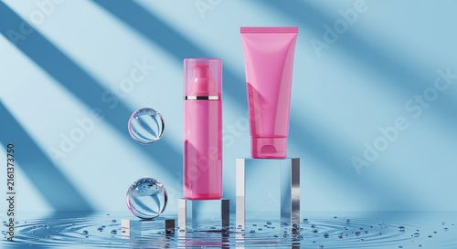 Pink Cosmetic Bottles and Tubes on Glass Pedestals with Water Droplets and Blue Backdrop for Beauty Product Marketing Presentation