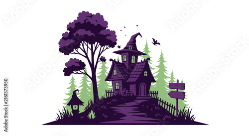 Spooky witch house on a hill with purple trees and pines