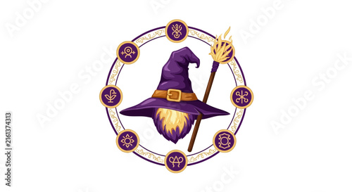 Magic wizard hat and flaming staff icon