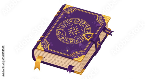 Ancient magic spell book with golden runes and bookmarks