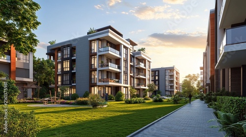 Modern residential complex with sleek apartment buildings surrounded by lush greenery and a well-manicured lawn, illuminated by warm sunset light.