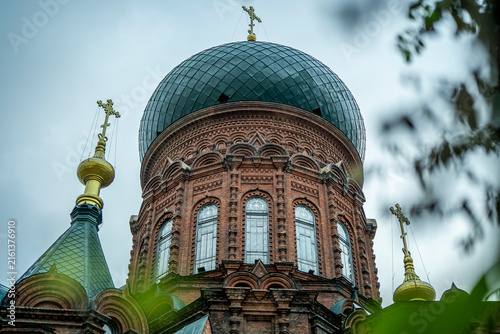 Картината върху платно Illuminated green onion dome of Saint Sophia Cathedral at night in Harbin Heilon