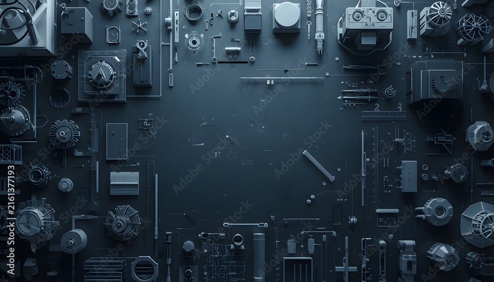 Fototapeta premium An overhead composition displays a dark workspace filled with mechanical components and circuitry