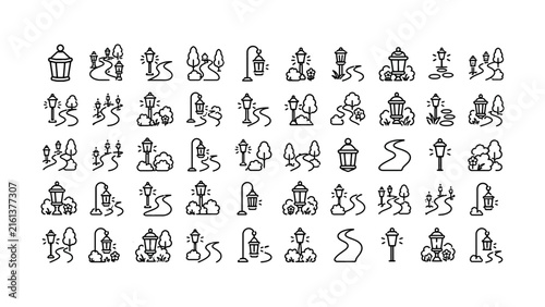 Collection of minimalist street lamp and park scene icons isolated designs