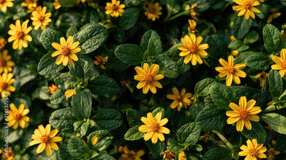 Obraz premium A lush groundcover of vibrant yellow daisy-like flowers amidst dense green foliage
