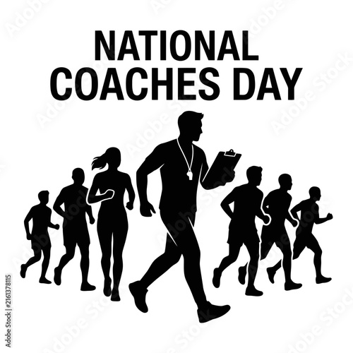 Celebrating national coaches day with silhouettes of runners and a coach
