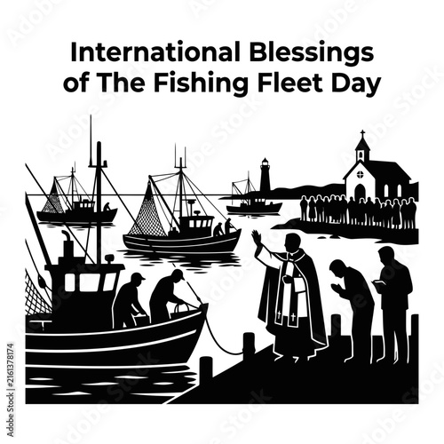 Vintage style illustration of a blessing of the fishing fleet ceremony by the sea