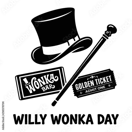 Willy wonka themed illustration with top hat cane and golden ticket elements