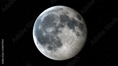 A detailed view of a full moon against a starry black sky