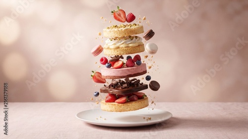 Deconstructed Floating Layer Cake with Fresh Berries and Chocolate on Plate