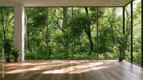 Spacious room with large windows overlooking a lush green forest