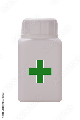 White medicine bottle with green cross sign on white background