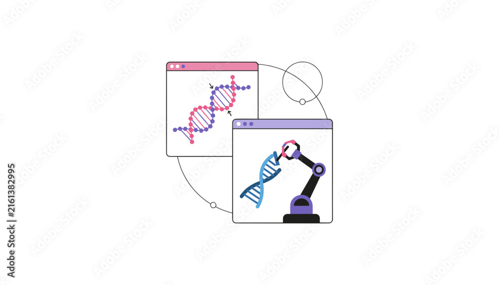 Fototapeta premium Biotechnology and Genetic Engineering Vector Illustration Showing Robotic Arm Editing DNA Strand with Digital Software Interface Windows for Synthetic Biology Technology Concept