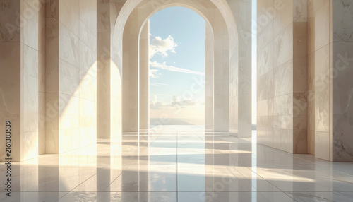 Modern architectural hallway with arches and sea view