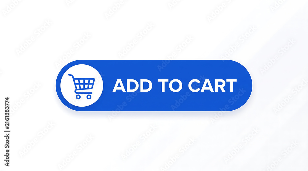 Fototapeta premium Bright blue add to cart button featuring a minimalist shopping trolley icon for online commerce websites