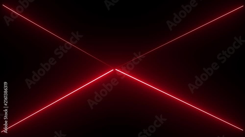 Red glowing neon lines cross and pulsate on black background in dynamic loop motion providing abstract futuristic electronic laser beam illumination.