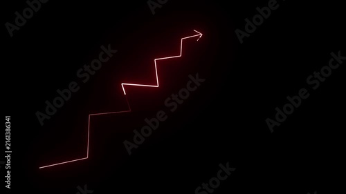 Red neon glowing arrow moving upward in zigzag motion on black background symbolizing financial growth market success and positive business progress.