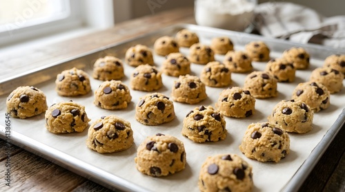 Baked chocolate chip cookie dough balls arranged on baking tray.
