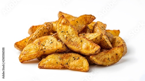 Crispy seasoned potato wedges piled high on white background.