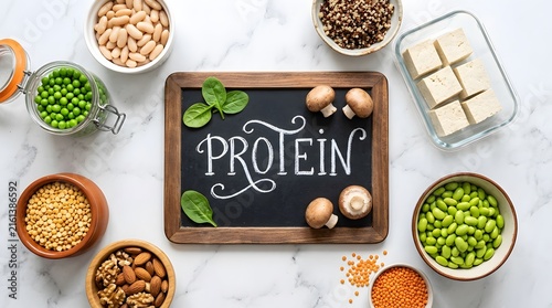 Healthy protein sources arranged around chalkboard with text protein.