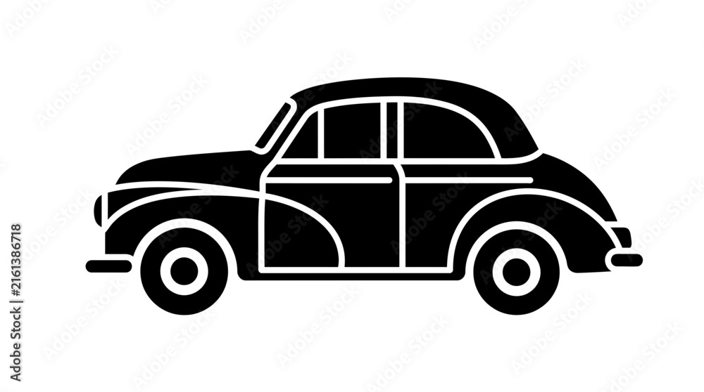 Fototapeta premium A black icon of a vintage car against a white background.