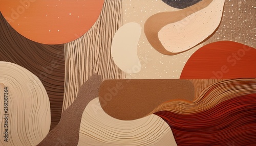 japandi wabi sabi version abstract composition of layered organic shapes with wood grain cork and textured surfaces in warm earth tones
