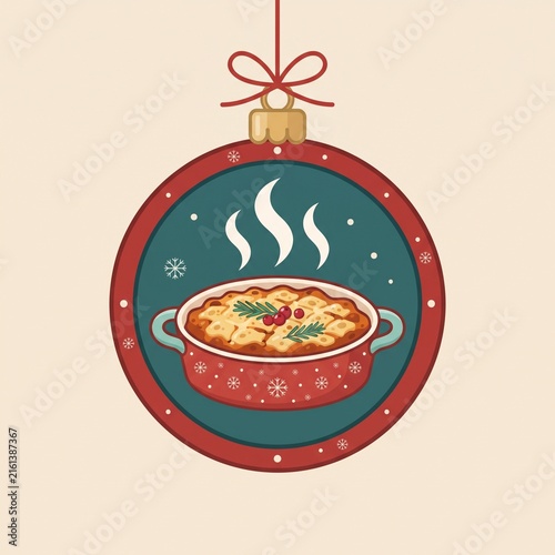 Flat vector illustration of a hot baked casserole in a red patterned dish inside a round Christmas bauble ornament, isolated on a light background.