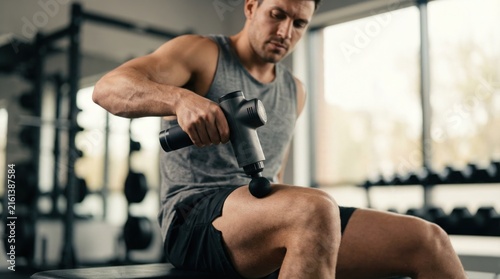 A man is seated in a gym holding a massage gun, targeting his thigh as part of his workout routine