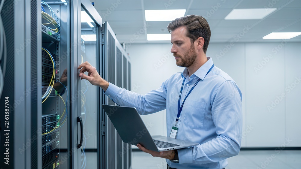 Fototapeta premium diverse it admin working on servers in modern data center with laptop demonstrating technical expertise for business technology services