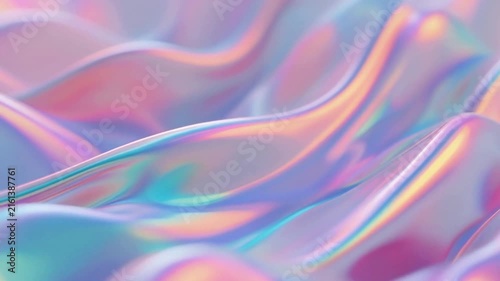 Holographic liquid wave background showcasing iridescent pastel fabric texture with smooth flowing folds and glossy sheen