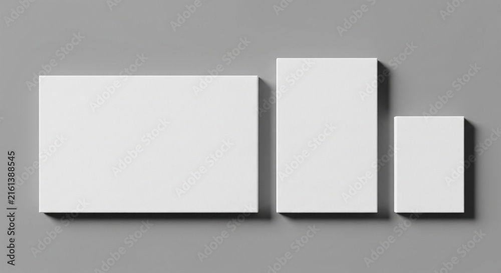 Fototapeta premium Three blank white rectangular canvases in various orientations isolated on a minimalist gray background for professional mockup