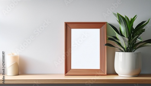 modern home decor with frame plant and light small wooden picture frame wooden shelves white wall