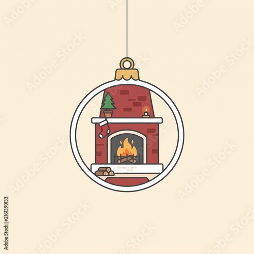 Cozy brick fireplace inside round Christmas bauble ornament vector illustration on minimal background.