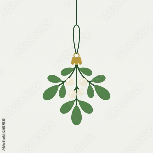 Minimalist mistletoe branch Christmas ornament vector illustration. Festive green leaves and white berries hanging holiday icon.