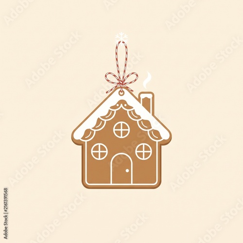 Cute gingerbread house Christmas ornament vector illustration. Sweet holiday cookie hanging decoration icon with snow icing detail.
