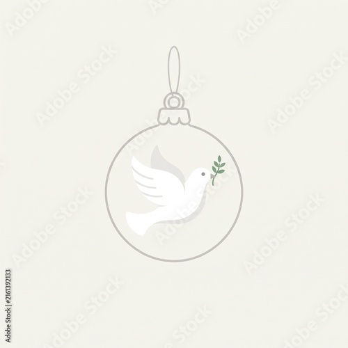 White peace dove inside a transparent glass Christmas bauble vector illustration. Elegant holiday hanging ornament icon with an olive branch.