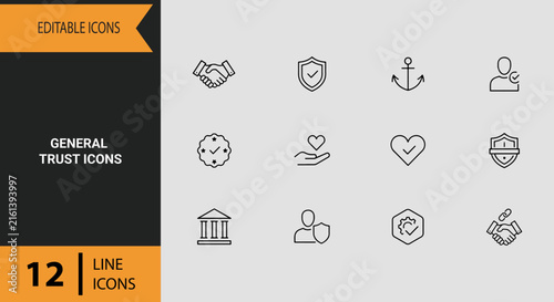 General Trust Icons Outline Icon Set. Universal Shield Protection Reliability Line Graphic Symbol Collection