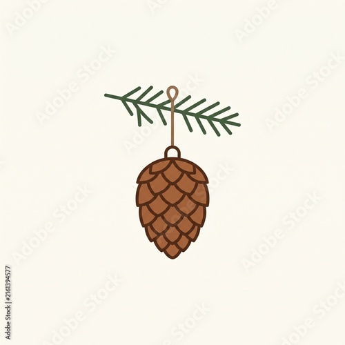 Brown pinecone Christmas ornament vector illustration hanging on a pine branch. Minimalist festive tree bauble icon isolated on light background.
