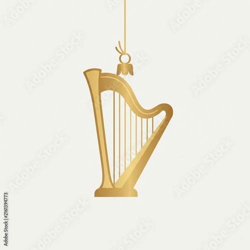 Golden musical harp Christmas ornament vector illustration. Elegant hanging instrument icon isolated on light background for holiday designs.