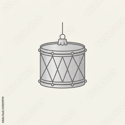Silver festive drum Christmas ornament vector illustration. Minimalist hanging musical toy bauble icon isolated on light background.