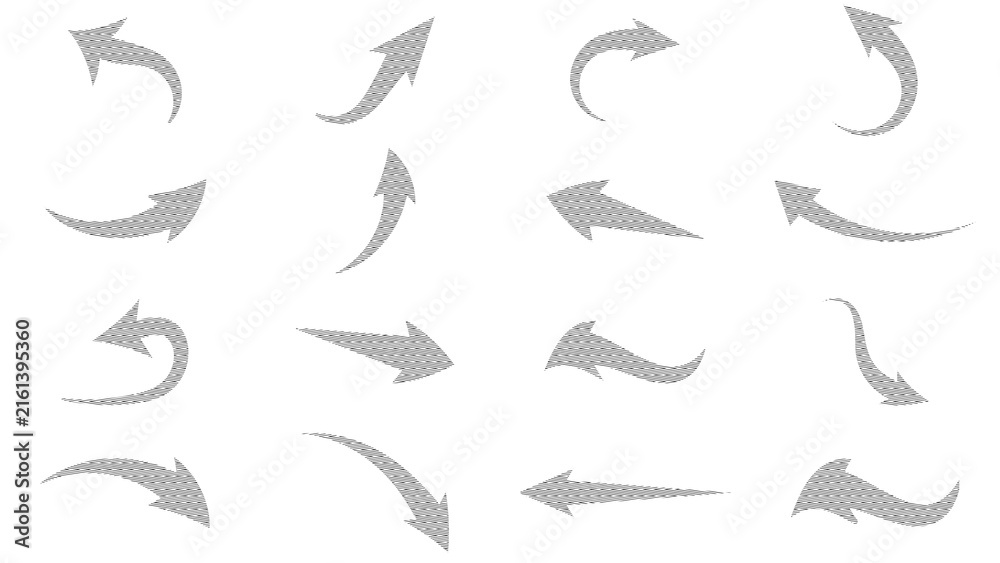 Obraz premium Vector mega set of curved sketch textured arrows with horizontal hatch lines 