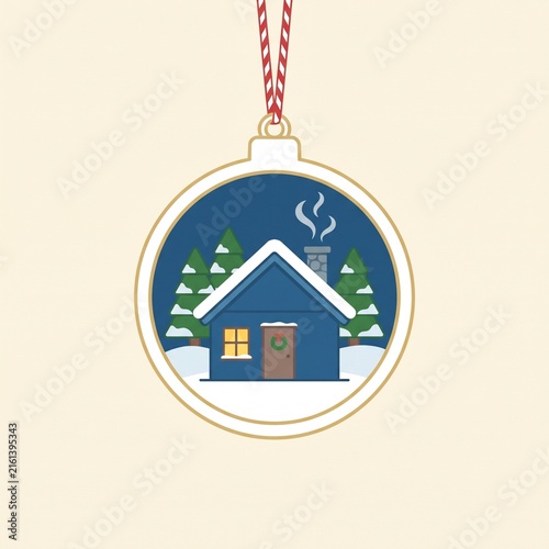 Cozy winter cabin landscape inside glass Christmas bauble ornament vector illustration. Snowy house hanging icon isolated on light background.
