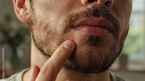 Man Touching Acne Pimple on Chin.