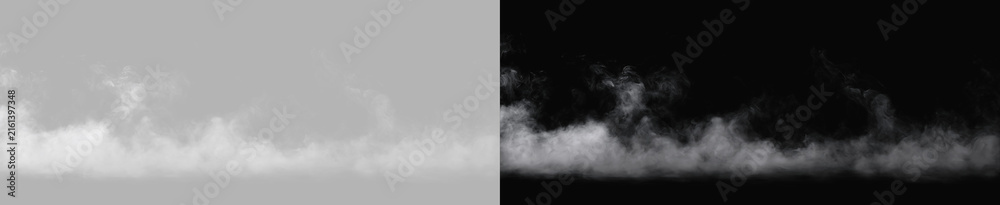 Fototapeta premium White Fog Smoke Wispy Horizon Line Ground Mist Creeping Haze Overlay Isolated on Grey and Black Backgrounds