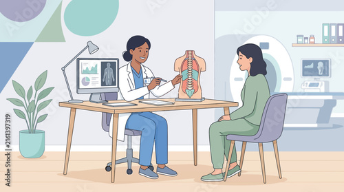 Doctor consulting patient about spine anatomy and medical scan