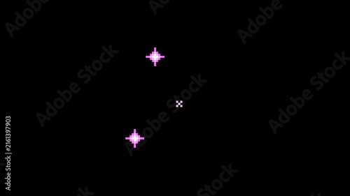 Pixel art sparkling winking purple stars. Pixelated fierworks in retro 8 bit arcade game style. 4K footage on transparent background