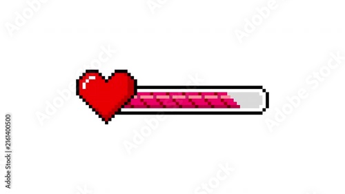 Loading bar pixel with heart. Pixelated progress bar movie. 4K animation in retro 8 bit arcade game style on transparent background