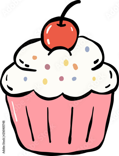 Cute Cupcake Clipart Stock Illustration. Hand-drawn pink muffin with White Frosting, Sprinkles, and a Red Cherry. Isolated Birthday Dessert Graphic Element on White Background.
